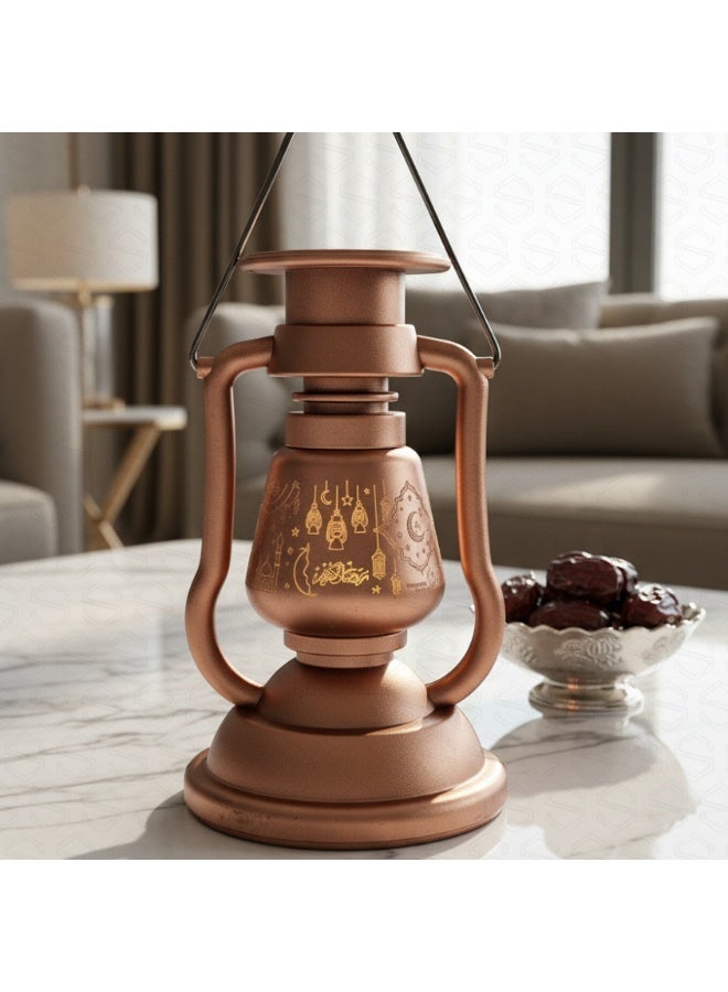 SOBHYS Heritage Glowing Ramadan Fanoos, 24.5cm LED Lantern with Flickering Candle Effect, Islamic Art Hanging Decor, Metallic Finish, Battery Powered - Image 4